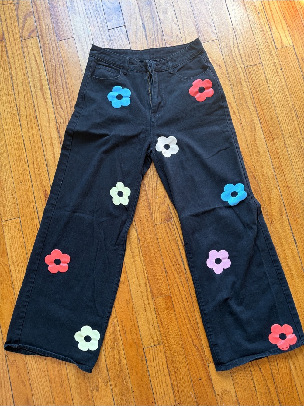 Cider Black Wide-Leg Jeans with Multi-Color Flower Appliqués